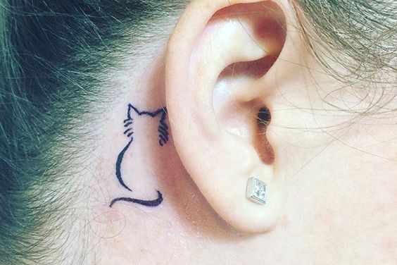 outline of a sitting back view of a Cat tattoo behind the ear of a girl