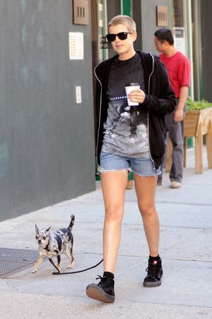 Agyness Deyn walking in the street with her Chihuahua