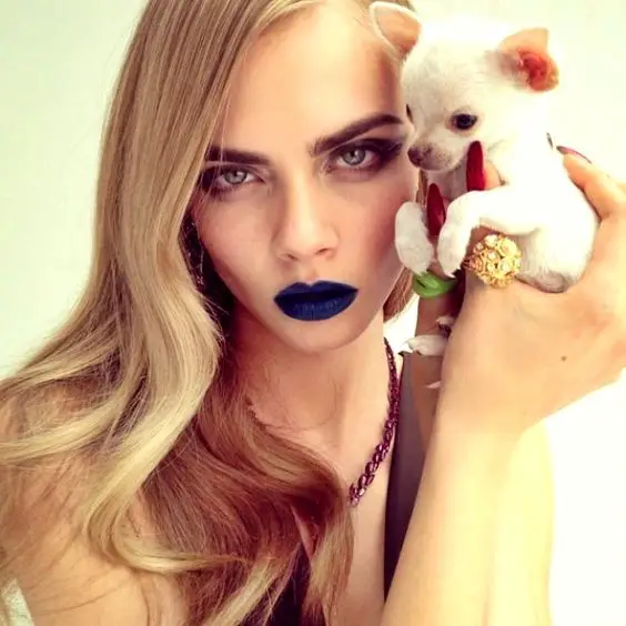 Cara Delevingne holding up cher Cara Delevingne puppy close to her face