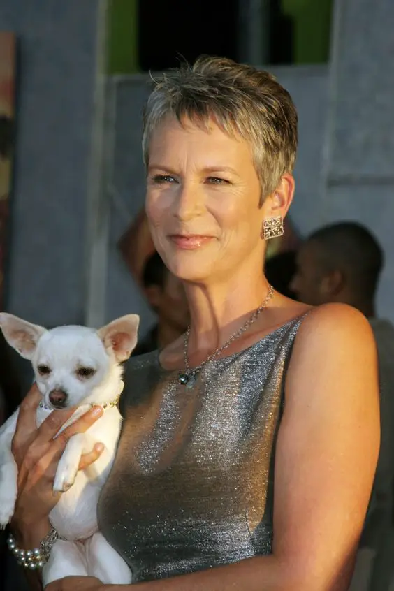 Jamie Lee Curtis holding her Chihuahua