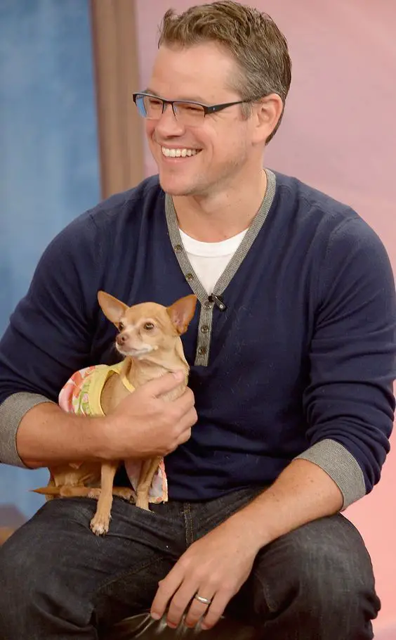 Matt Damon laughing while carrying his Chihuahua dog in his arms