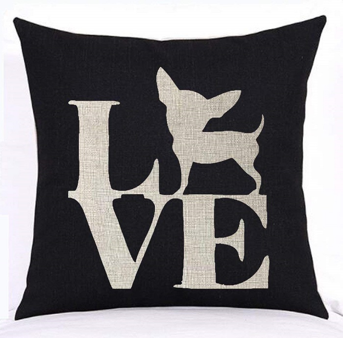  A black pillow case with word Love and silhouette of a Chihuahua
