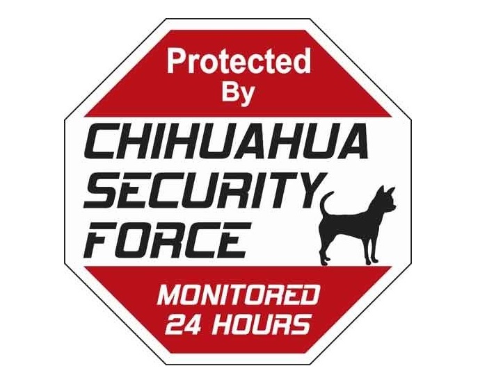 Signage saying - Protected by Chihuahua security force monitored 24 hours