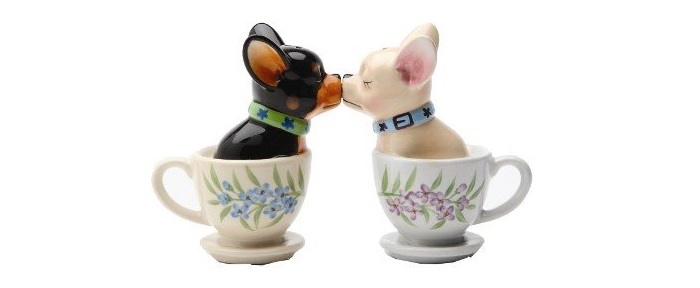 two Chihuahua in a teacup magnetic salt and pepper shaker set