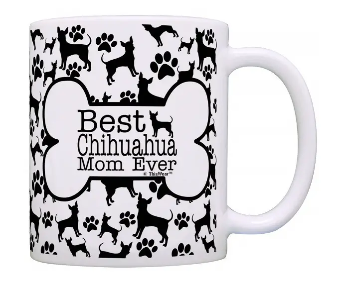 white mug with chihuahua pattern and with words - Best chihuahua mom ever