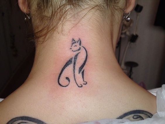 outline of a cat tattoo on the back of the neck