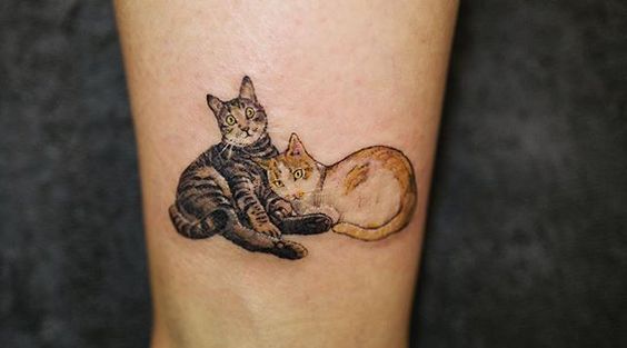 black and orange cats tattoo on the leg