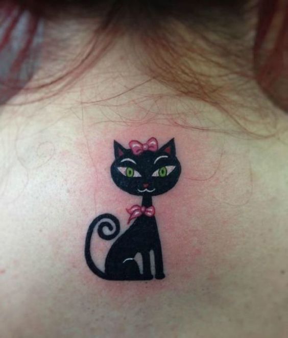 black cat tattoo on the back of a woman