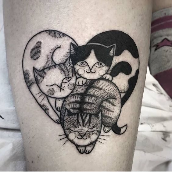 artistic three cats tattoo on the leg