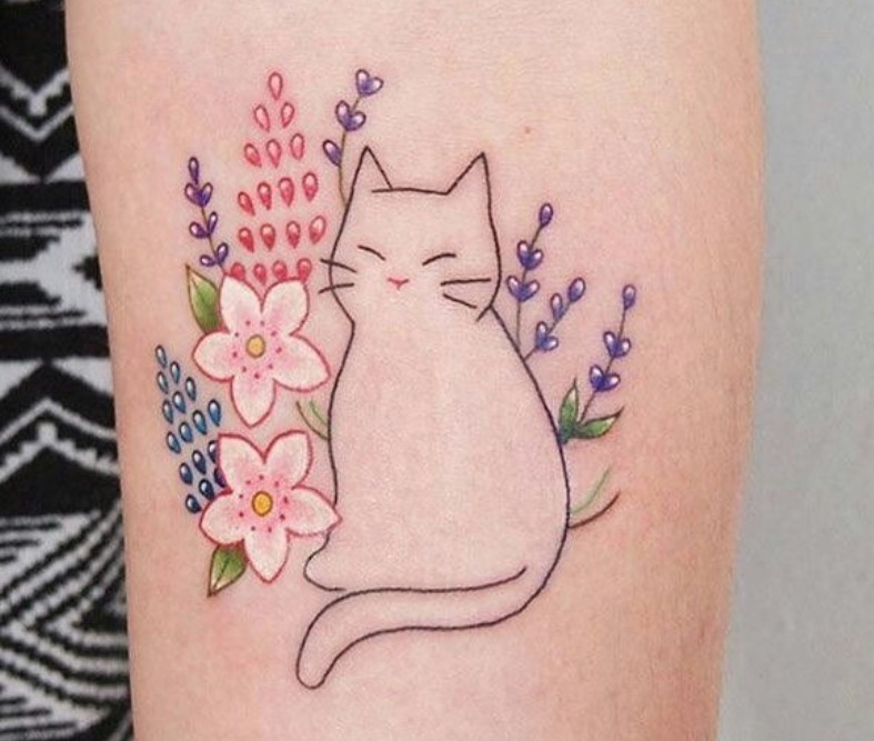 outline of a cat with flowers and leaves tattoo on the forearm