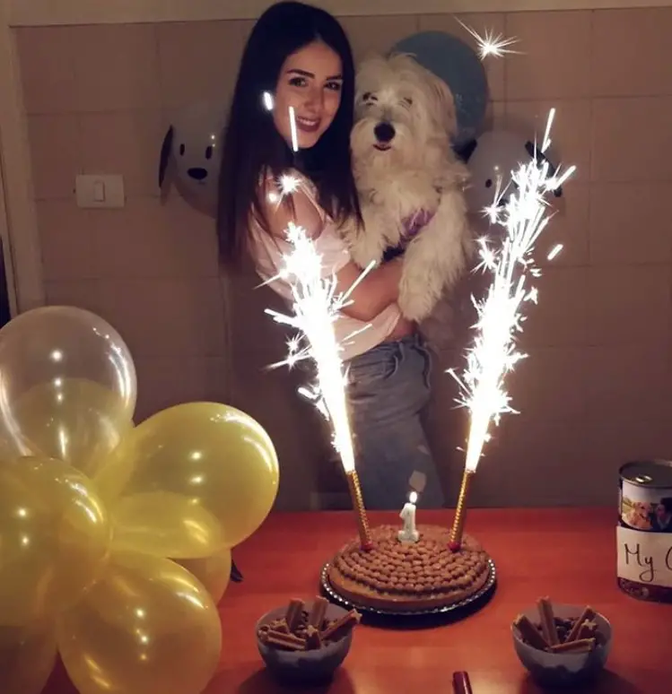 A woman holding her her dog named Puchito behind the table with balloons, treats in a bowl, and a cake with sparkling candle.