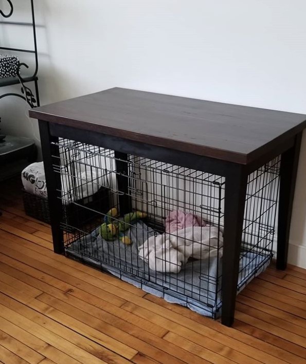 table top with wired dog crate