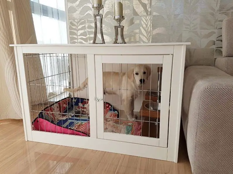 white wooden dog crate as side table on the living room
