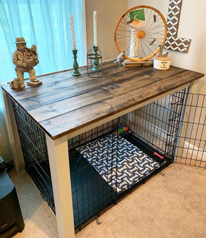 wire dog crate table top indoors