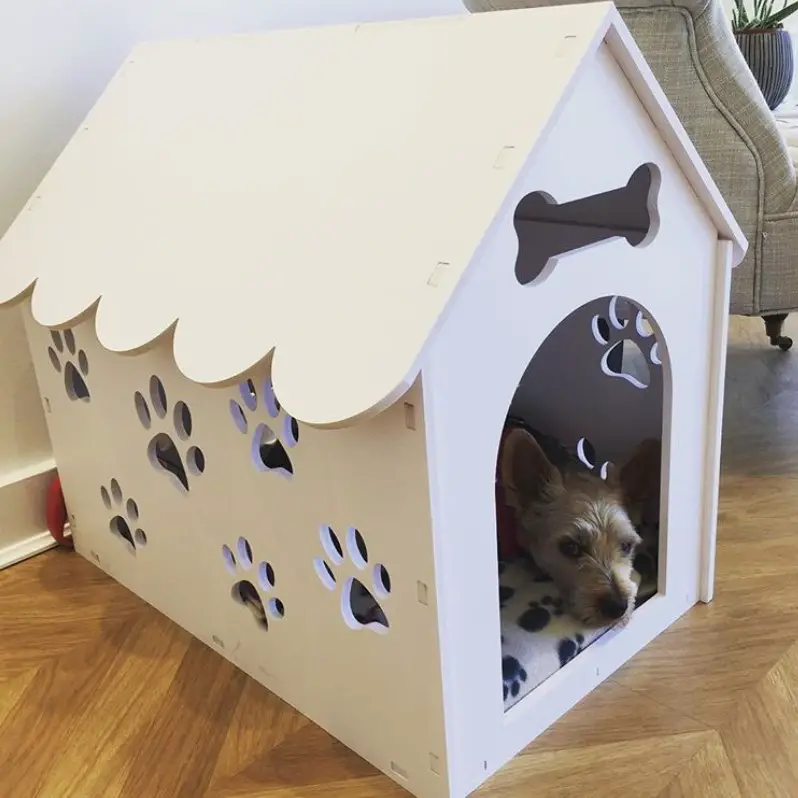 A cute white Dog house with a Chihuahua inside
