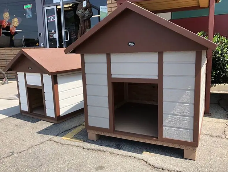 A wooden brown and white dog house