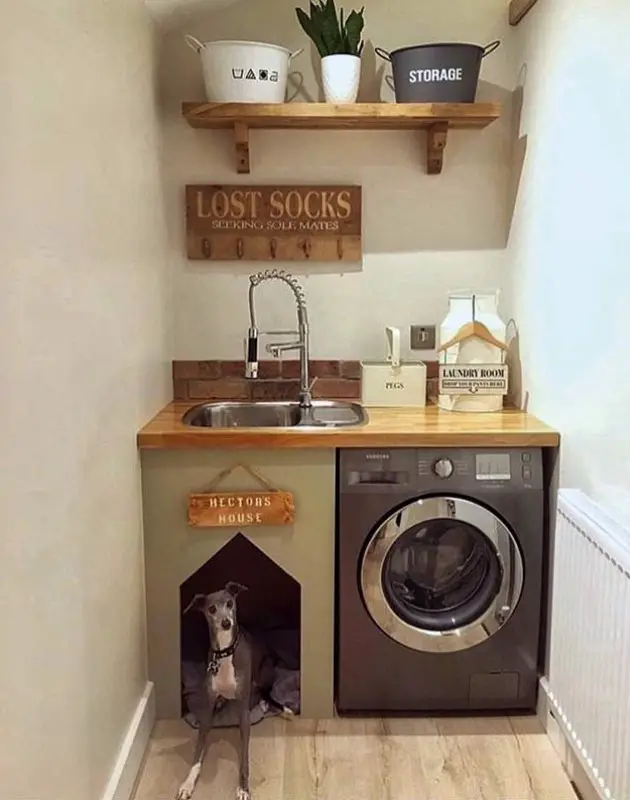 A multi purpose dog house with sink and washing machine