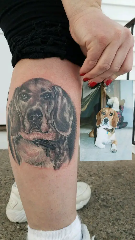 face of a dachshund dog tattoo on the leg
