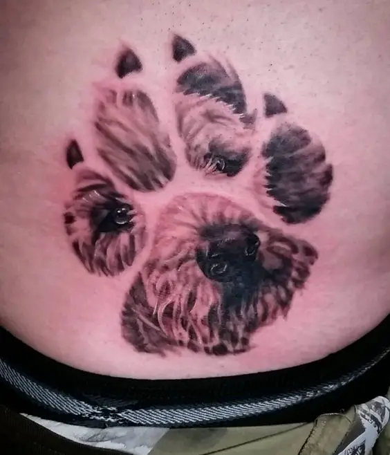 face of dog in paw print tattoo