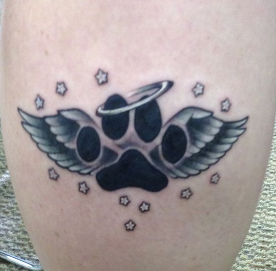 paw print with angel wings and halo and stars tattoo