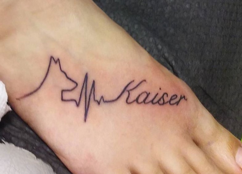 dog and name heartbeat tattoo on foot