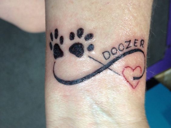 infinity sign with two paw prints and red heart outline and 