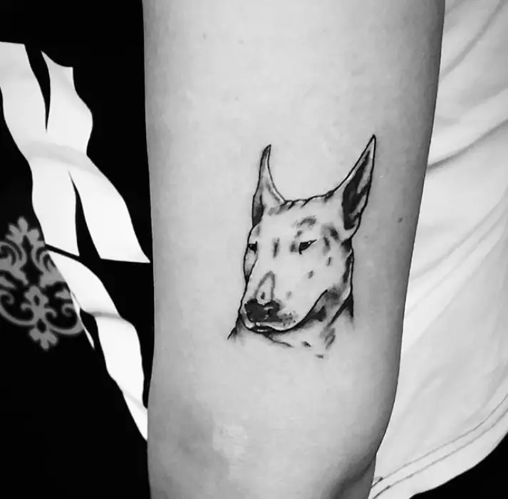 3D outline face of a Bull Terrier tattoo on the shoulder