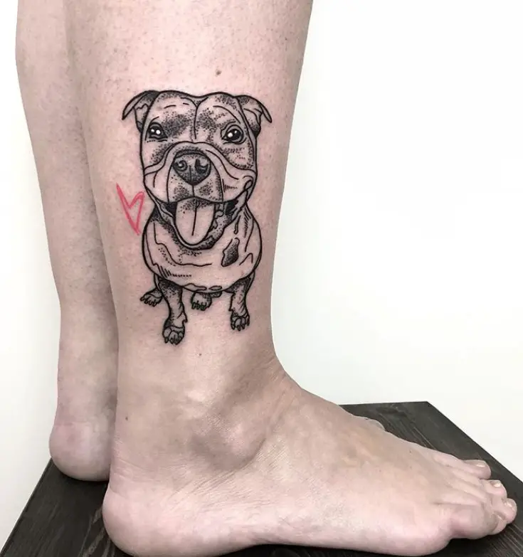 outline sitting Bulldog while smiling tattoo on the leg