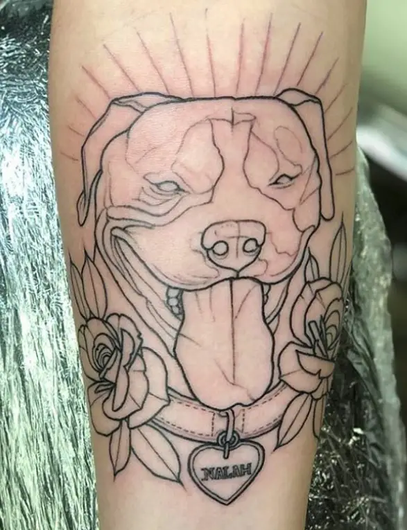 outline face of an English Bulldog wearing a colllar with her name tag - Nalah, and flowers tattoo on the leg