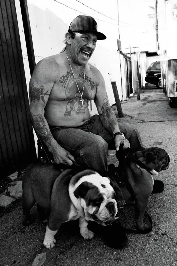 black and white photo of Danny Trejo with his two English Bulldog