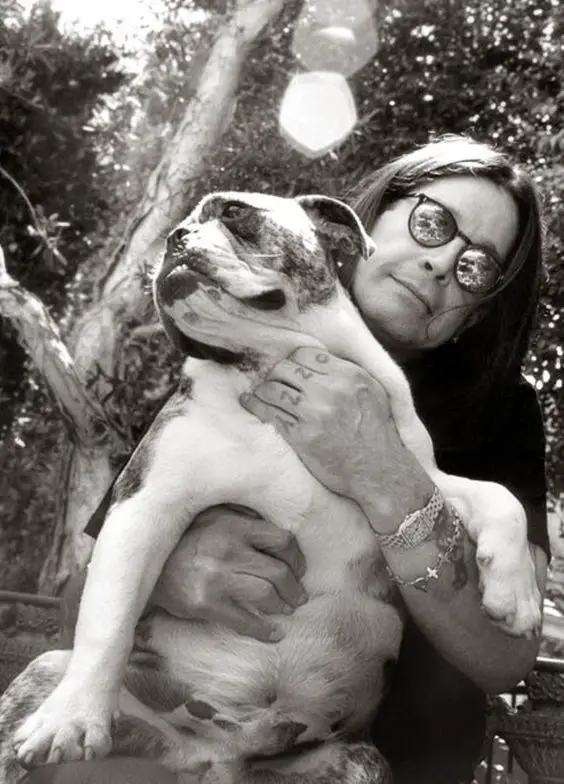 Ozzy Osbourne with his English Bulldog sitting in his lap