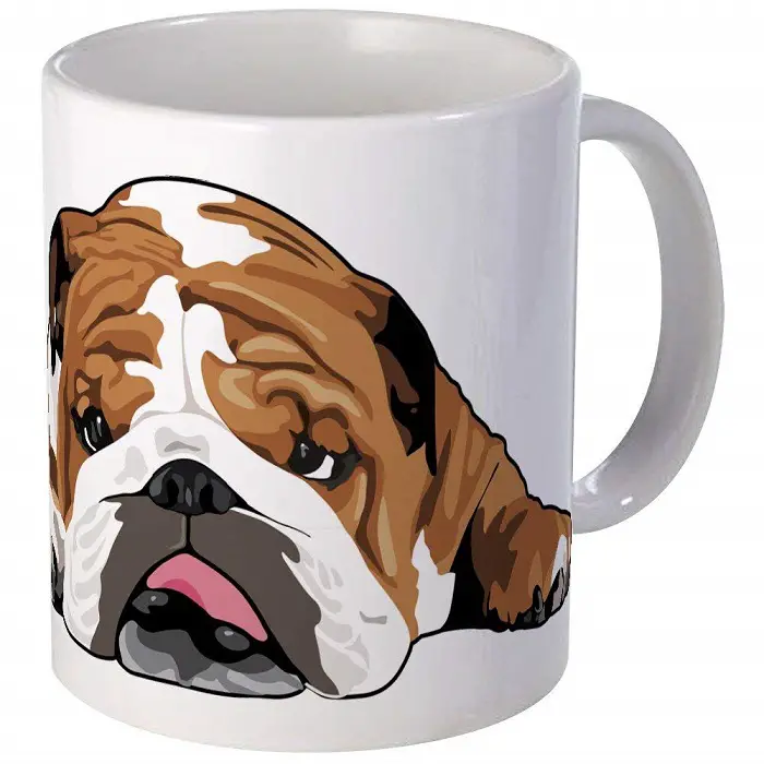 A white mug printed with an artwork of an English Bulldog