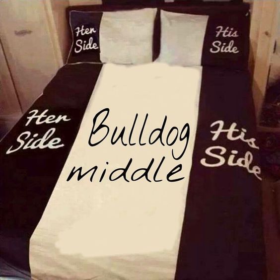 His side and her side bed with a big space for bulldog in the middle of the bed
