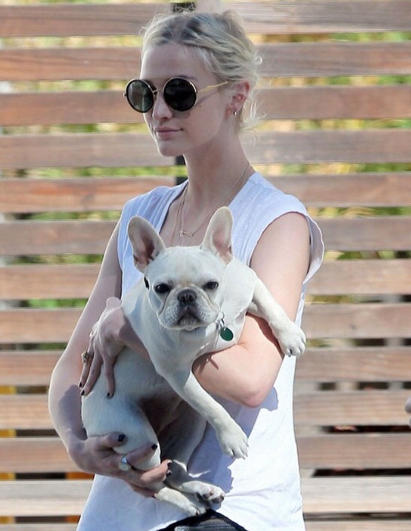 Ashlee Simpson walking in the street while holding her French Bulldog