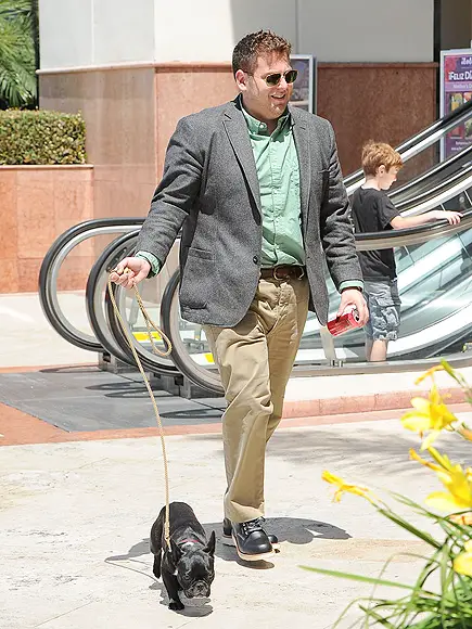 Jonah Hill walking in the street with his black French Bulldog on a leash