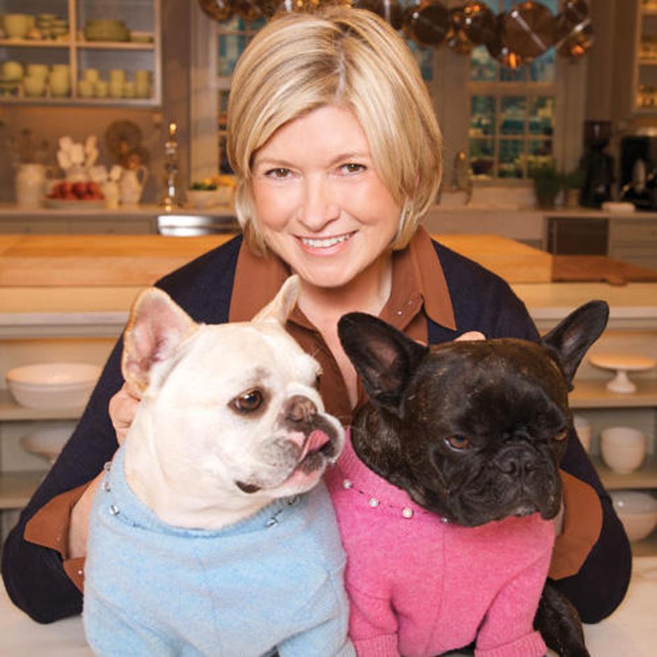 Martha Stewart with her two French Bulldog sitting on her lap wearing blue and pink sweater