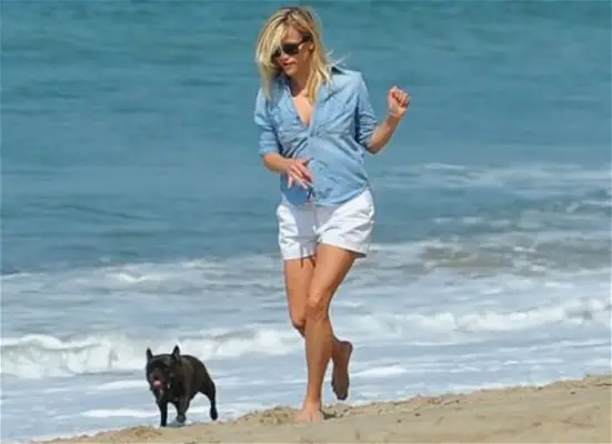 French Bulldog walking by the seashore with her black French Bulldog