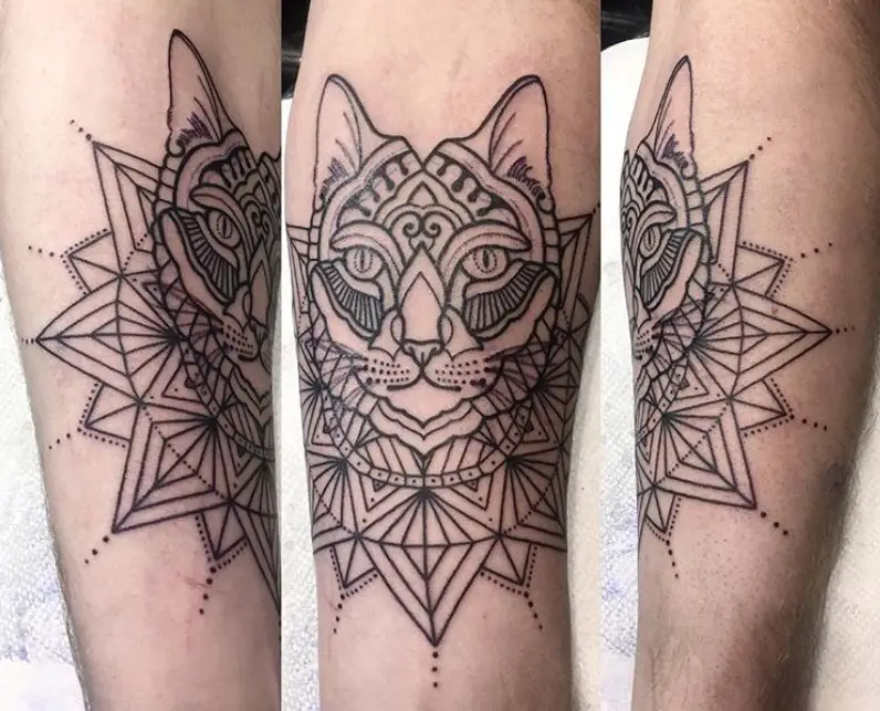 creative Geometric Cat Tattoo on the leg