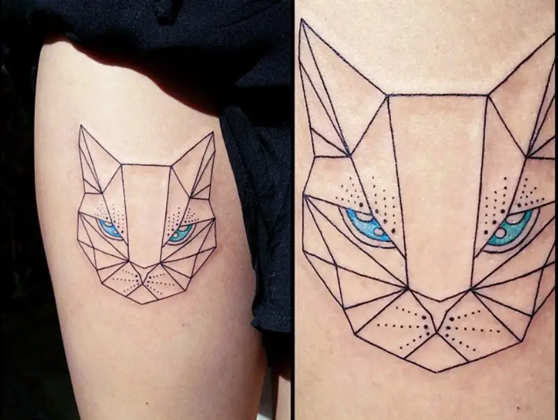 Geometric face of a Cat with blue eyes Tattoo on thigh