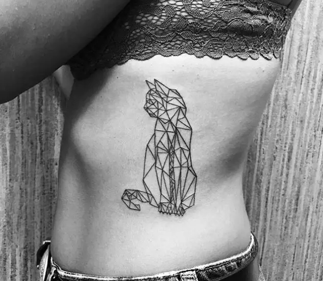 A Geometric sitting Cat Tattoo on the side of the girl's body