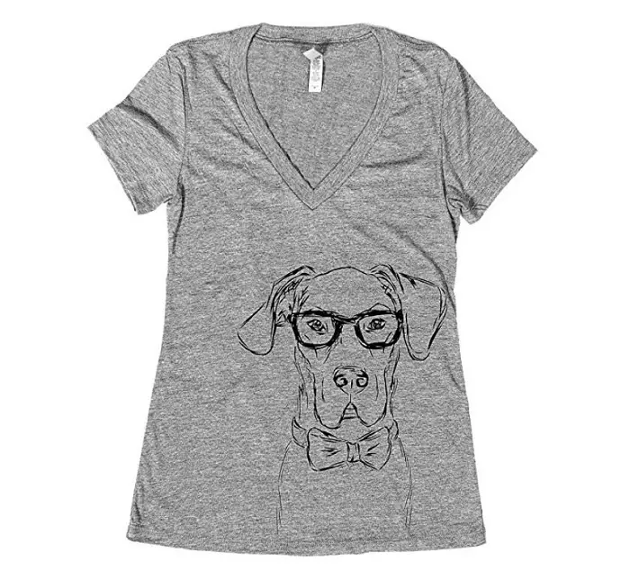 gray V-Neck Shirt with an outline head of a Great Dane wearing glasses 