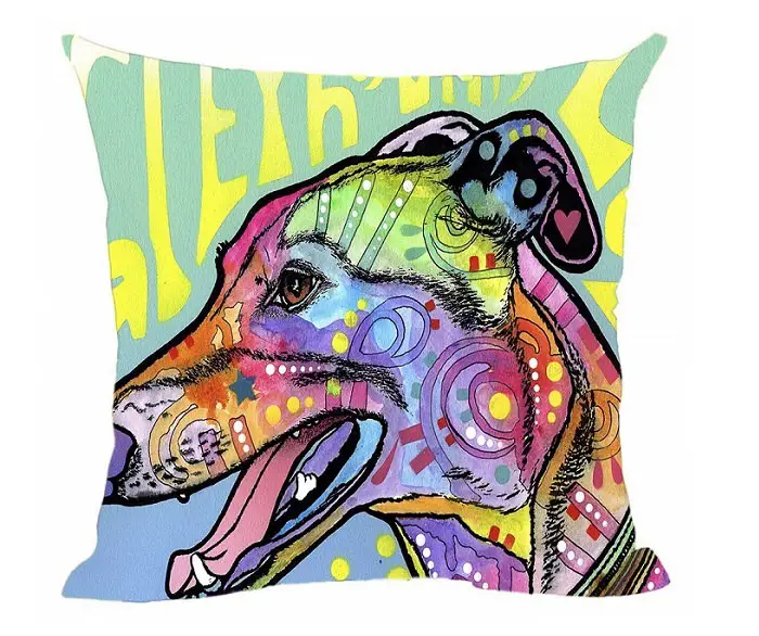 A pillow cover with a colorful face of a Greyhound