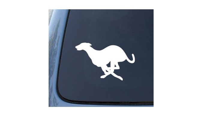 A white silhouette of a running Greyhound decal sticker