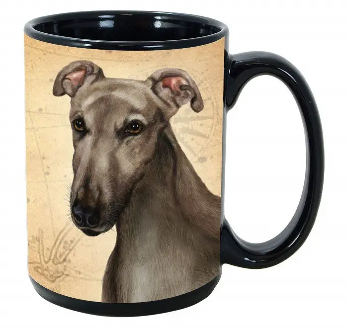 A coffee mug with the face of a Greyhound
