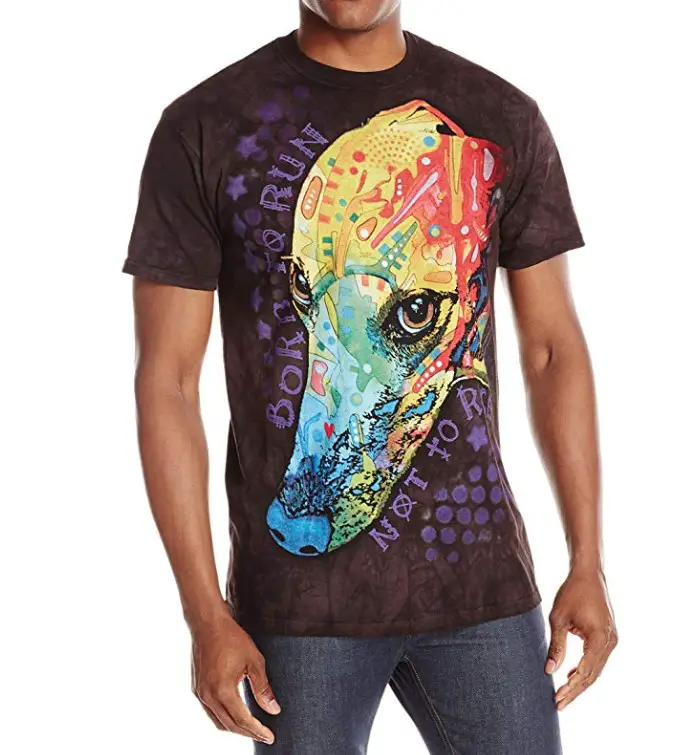 A t-shirt printed with a colorful face of a Greyhound