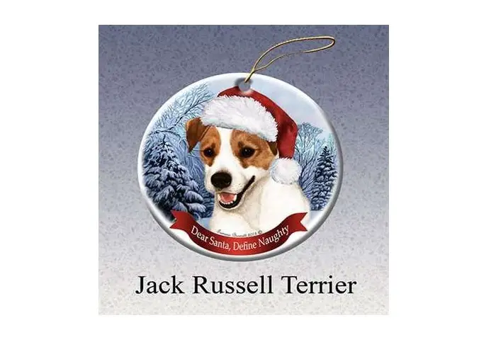 smiling Jack Russell wearing a christmas hat in a winter background porcelain ornament