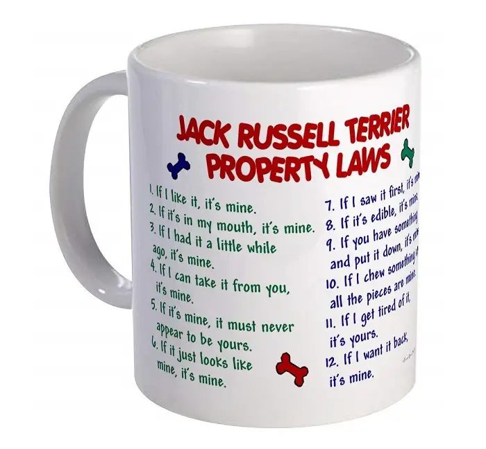 white mug with the Jack Russell Terrier's property law