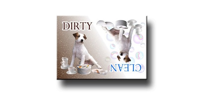 Dishwasher magnet with a photo of a Jack Russell Terrier in a white isolated background