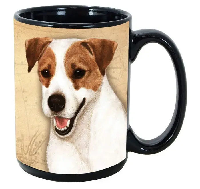 black Coffee Mug with a photo of a smiling Jack Russell Terrier in a white isolated background