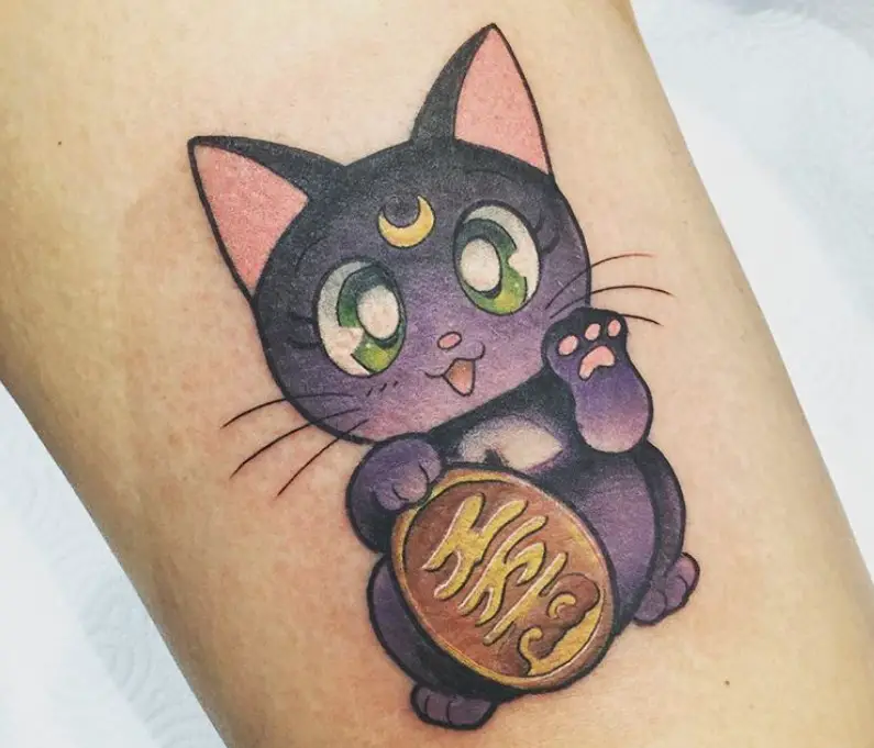 Purple and black Lucky Cat Tattoo on the leg